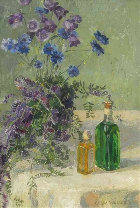 gerda wegener still life with blue flowers and two bottles on a table Art A4 Photo Print
