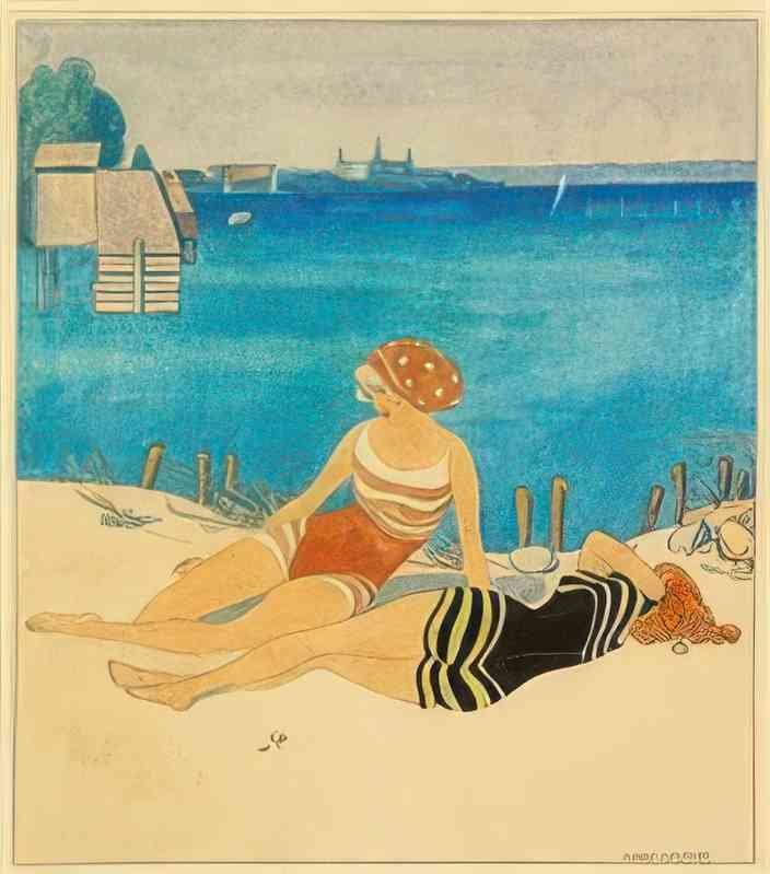 gerda wegener to badepiger soler sig i sandet med udsigt til kronborg Art A4 Photo Print UK