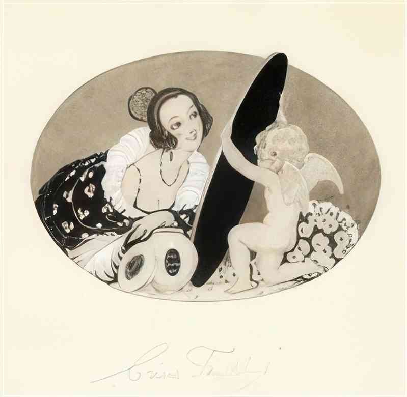 gerda wegener woman with mirror and cupid creme teindelys Art A4 Photo Print UK