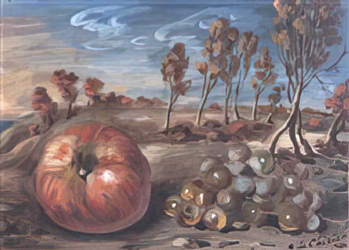 giorgio de chirico still life with apples and grapes in a landscape Art A4 Photo Print