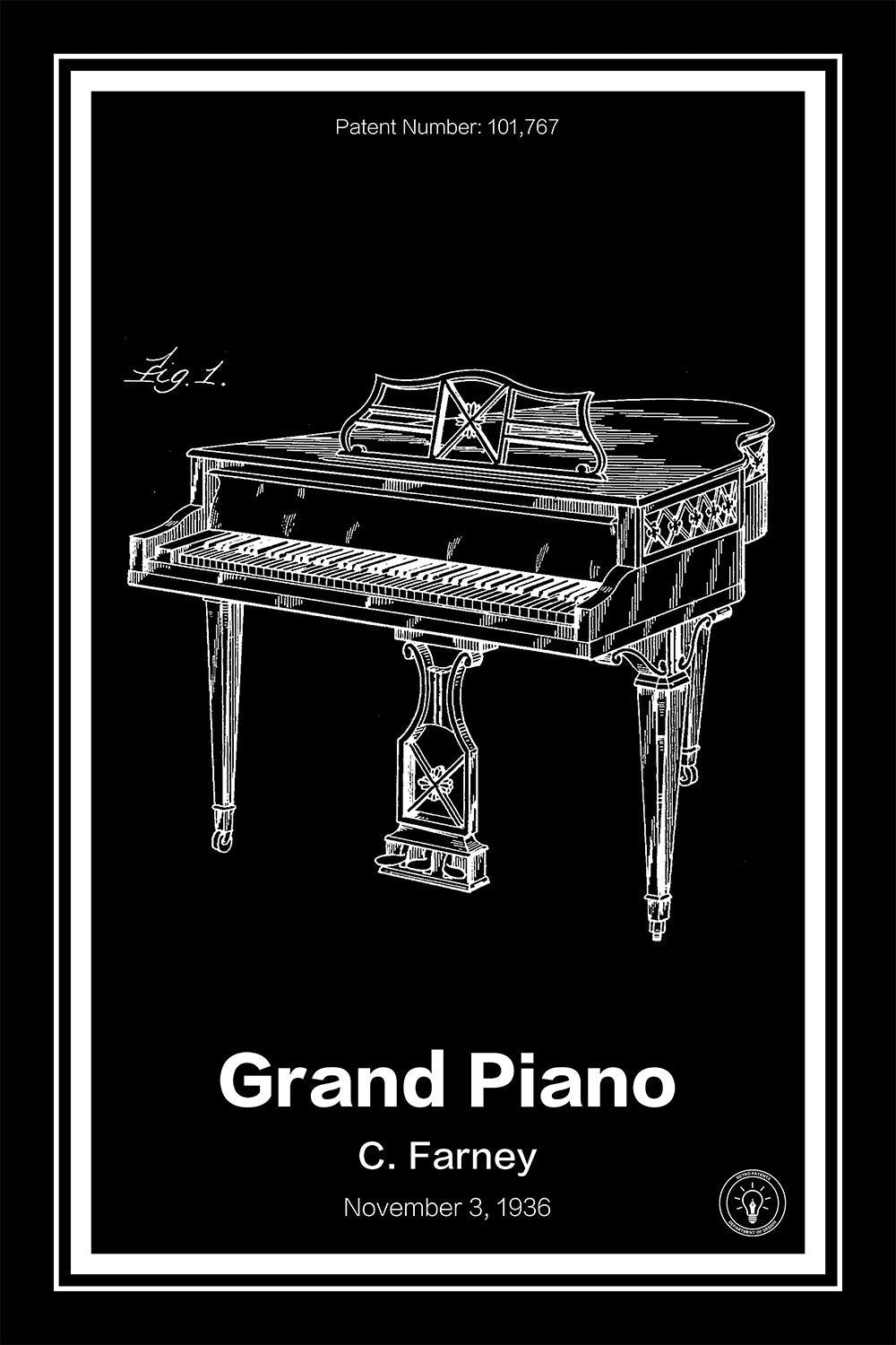 grand piano patent print black A4 Photo Print