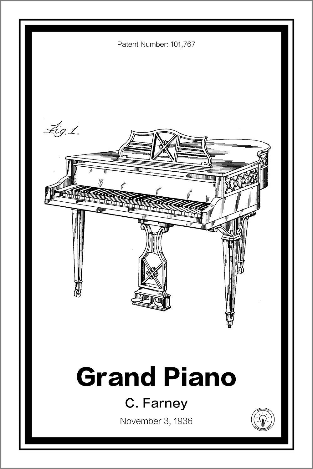 grand piano patent print white A4 Photo Print