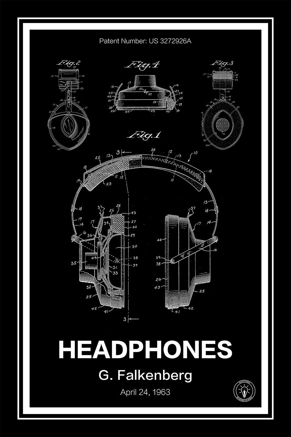 headphones patent print black A4 Photo Print