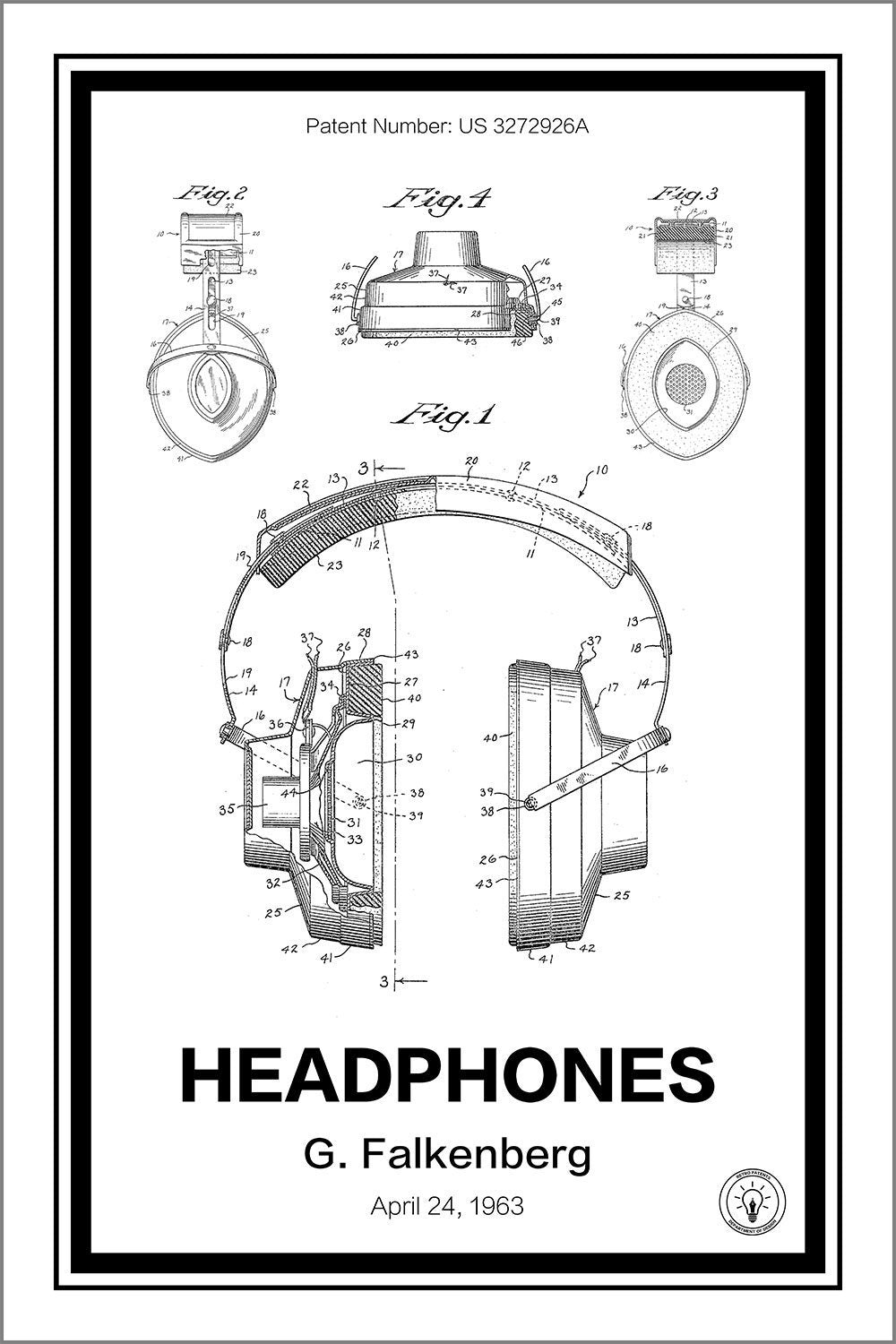 headphones patent print white A4 Photo Print