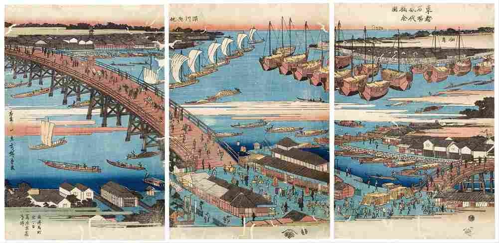 hiroshige Woodcut Triptych Art A4 Photo Print