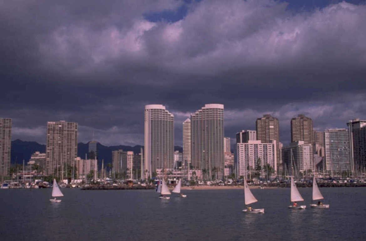 honolulu skyline sailboats 1980s 1990s A4 Photo Print