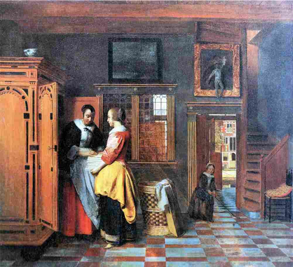 hooch interior with woman beside a linen cupboard Art A4 Photo Print