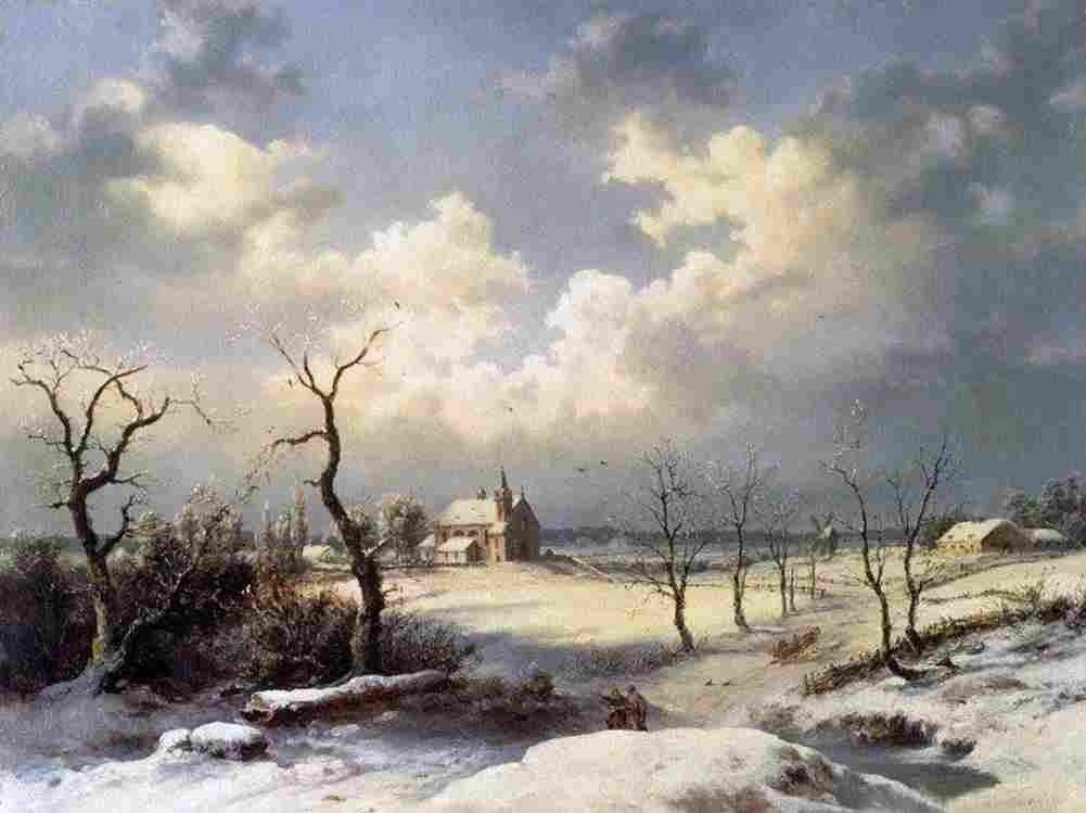 kost Winter Landscape with a Village Church Art A4 Photo Print