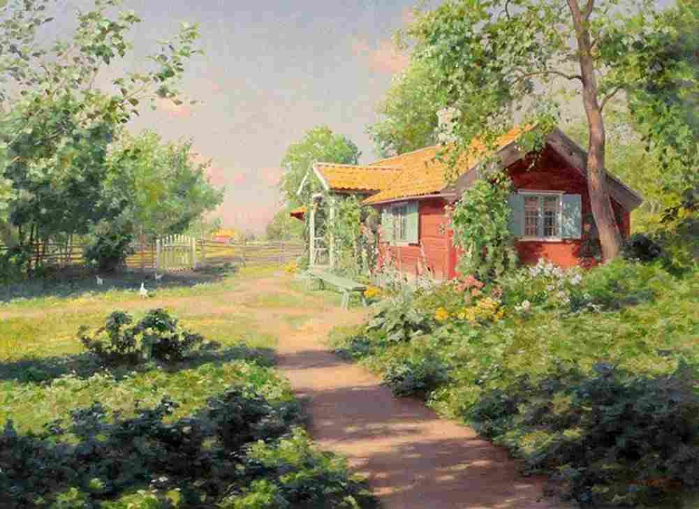 krou Landscape with Red Cottage Art A4 Photo Print
