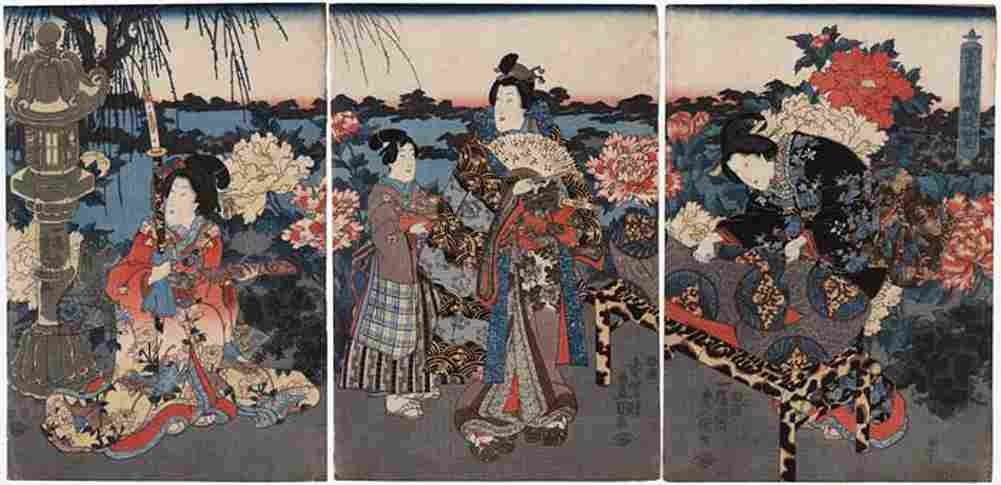 kunisada Visit to a Peony Garden Art A4 Photo Print