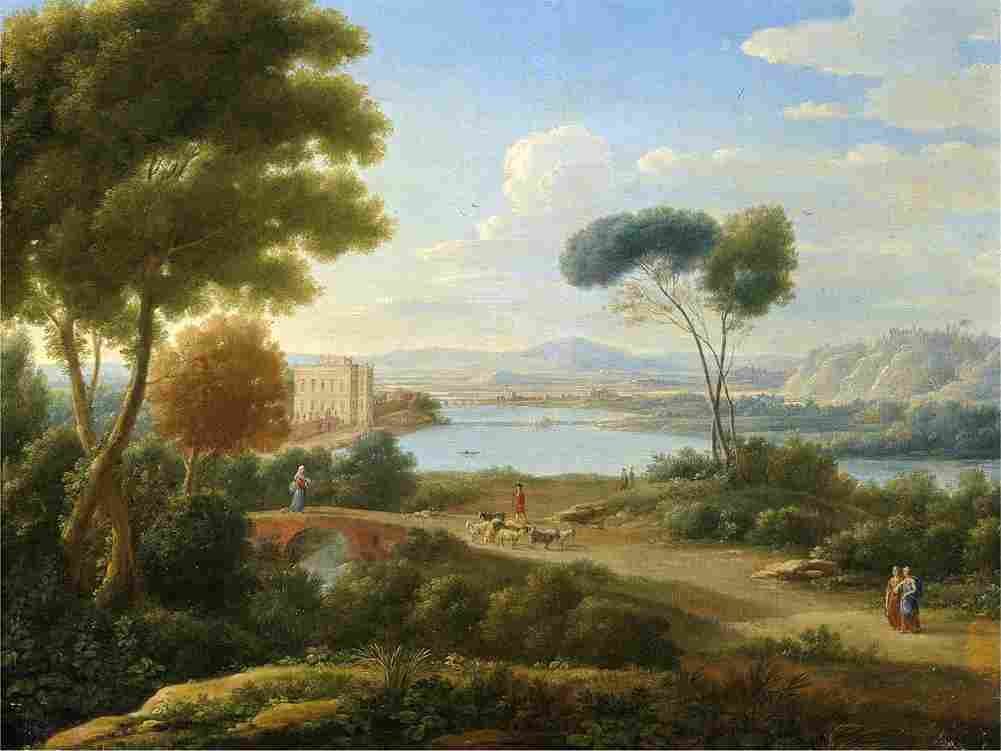 lint classical river landscape with figures on a path and a palace in the distance Art A4 Photo Print