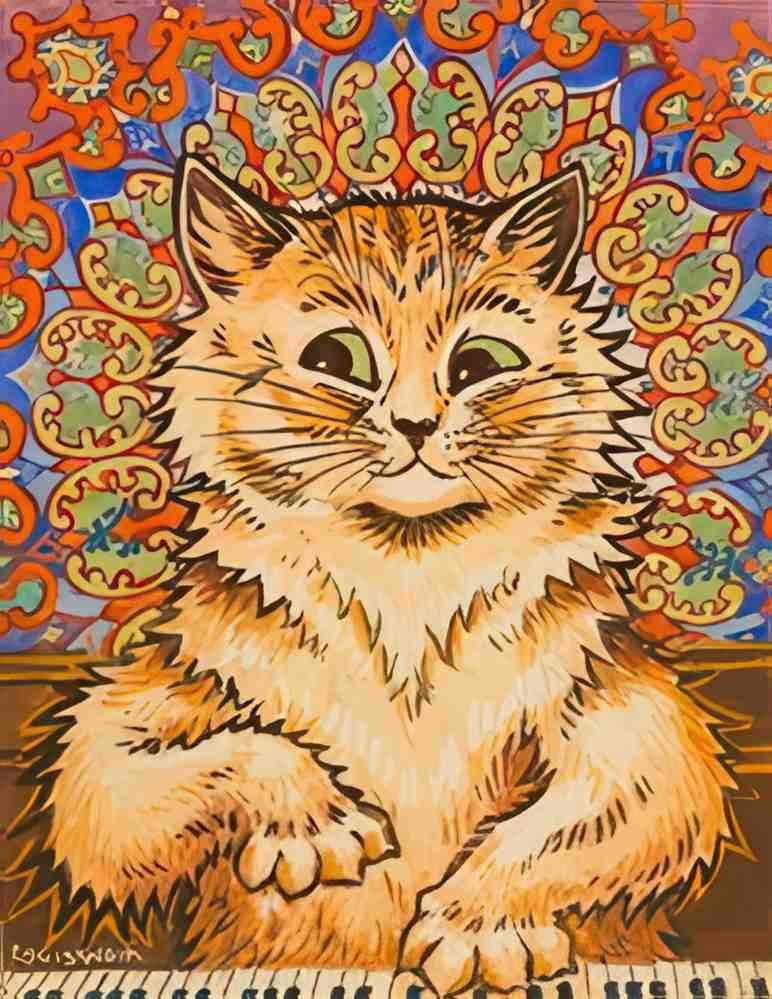 louis wain cat playing a piano in front of a psychedelic background Art A4 Photo Print