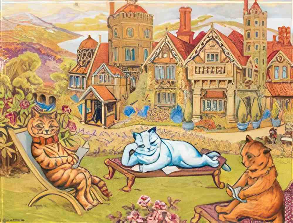 louis wain cats relaxing in the grounds at napsbury Art A4 Photo Print