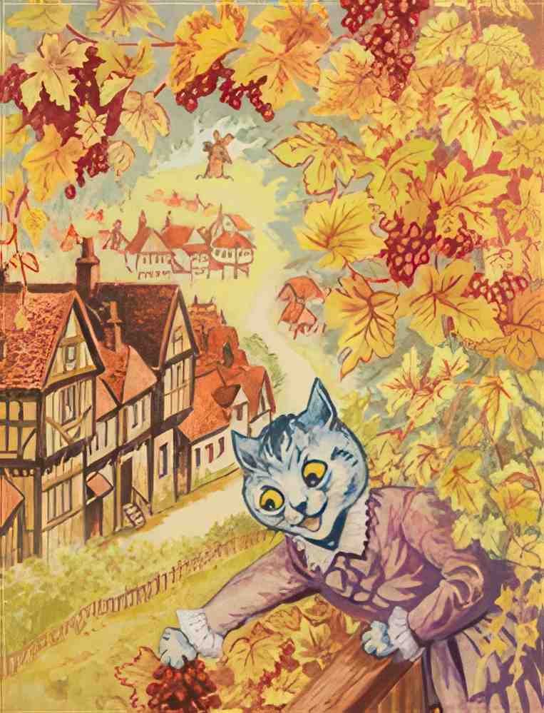 louis wain gathering grapes on the balcony Art A4 Photo Print