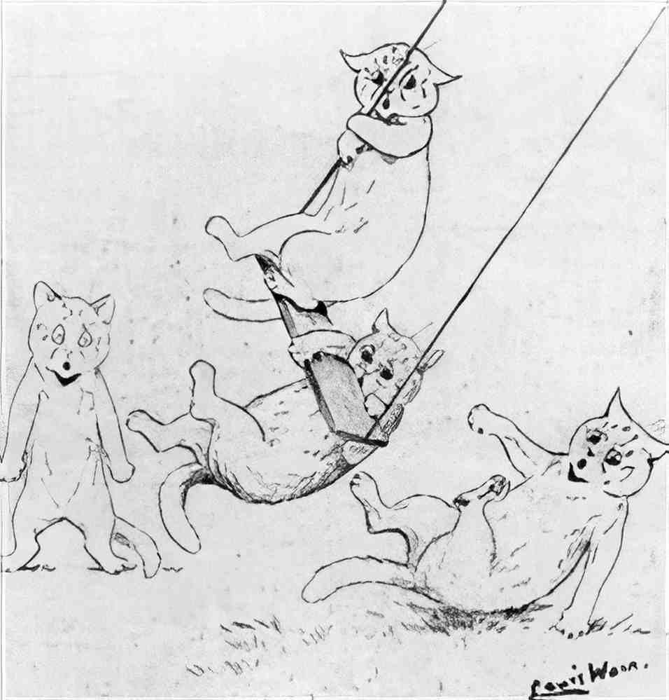 louis wain naughty cats playing on a swing Art A4 Photo Print
