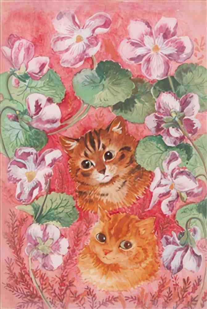 louis wain tabby and pansies Art A4 Photo Print