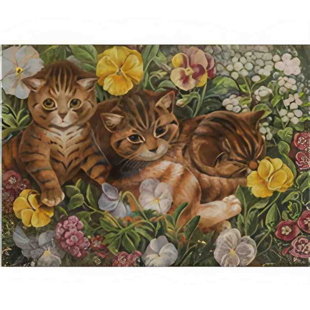 louis wain three kittens in a flower bed Art A4 Photo Print
