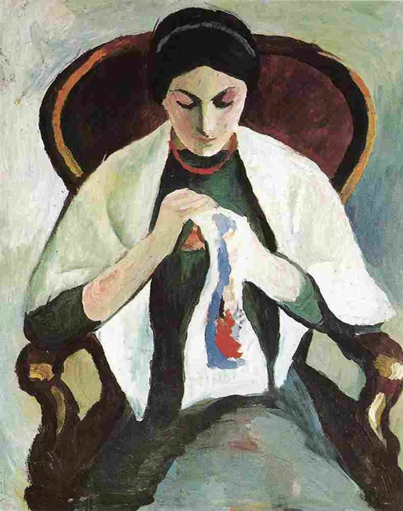 macke Woman Embroidering in an Armchair Art A4 Photo Print