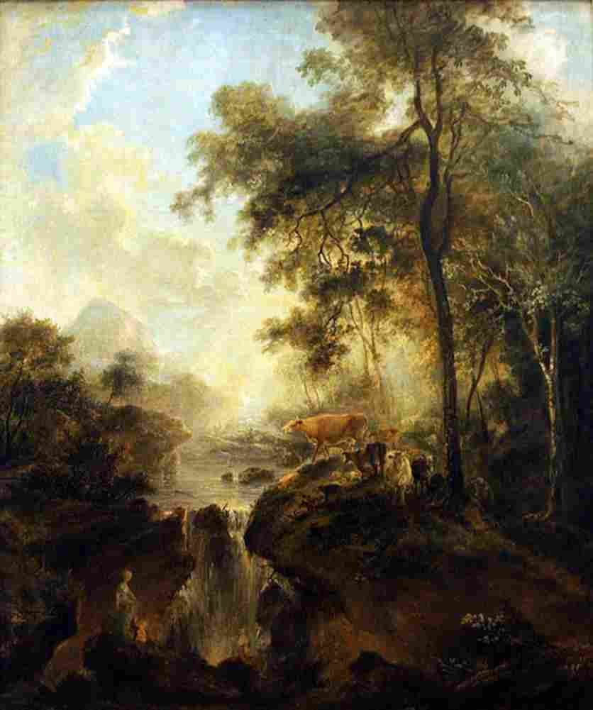 mart Landscape with a Waterfall and Cattle Art A4 Photo Print