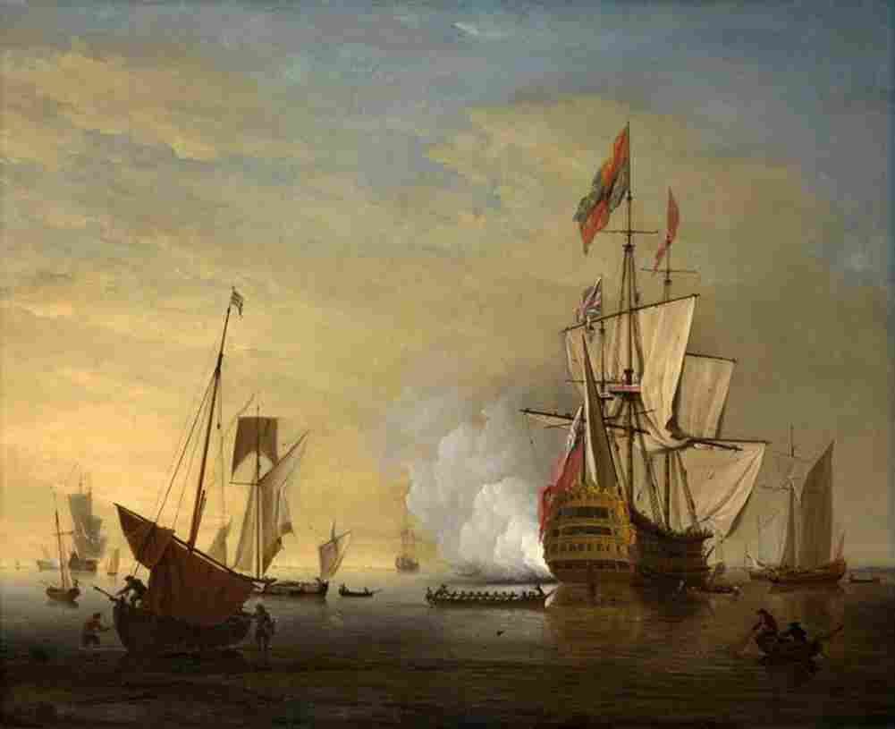 monamy Harbor Scene An English Ship with Sails Loosened Firing a Gun Art A4 Photo Print