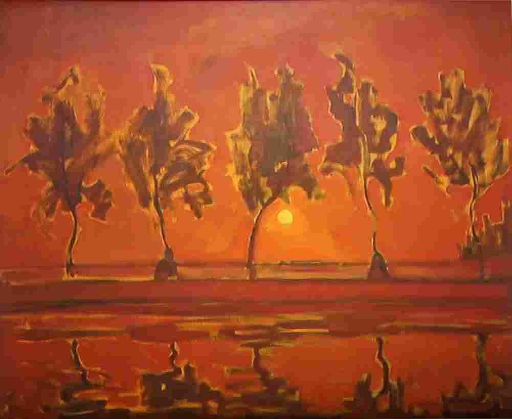 mondrian five tree silhouettes along the gein with moon Art A4 Photo Print