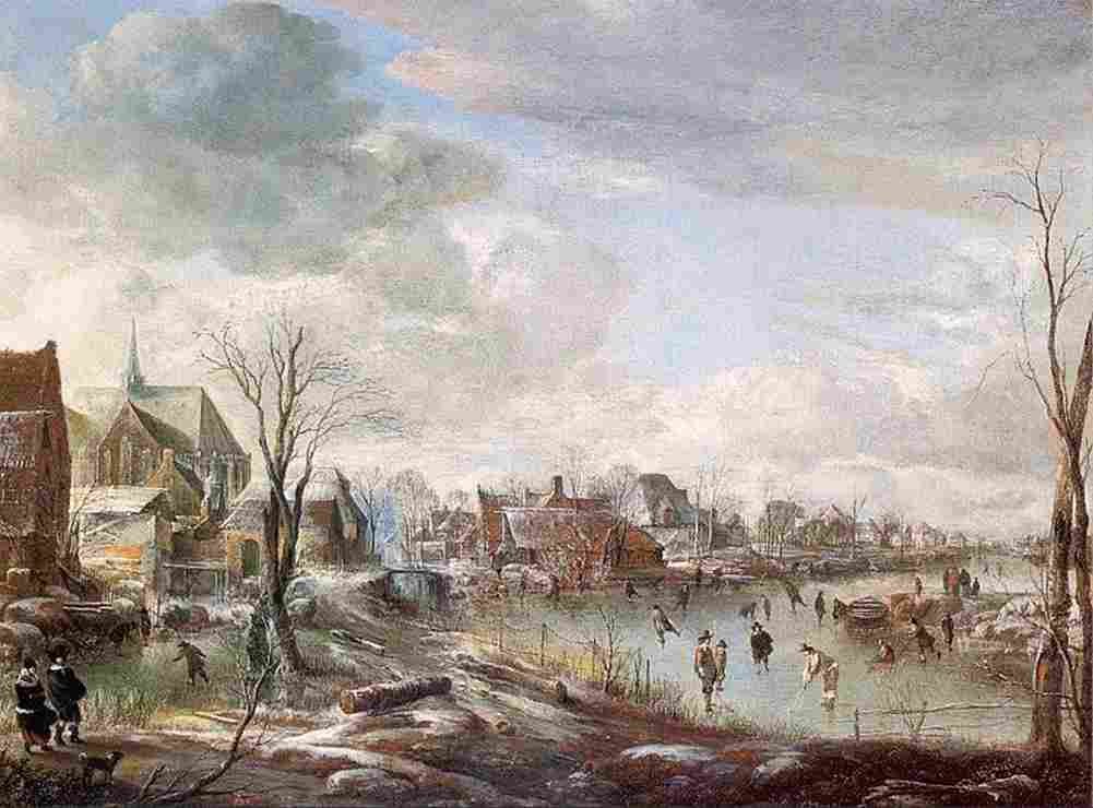 neer A Frozen River near a Village with Golfers and Skaters Art A4 Photo Print