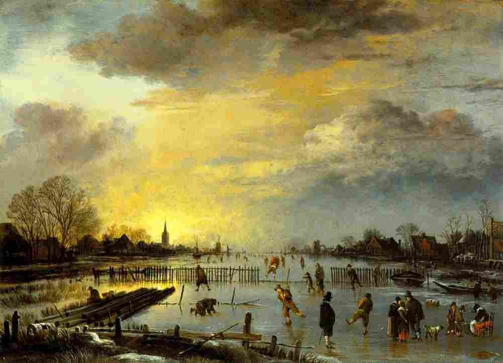 neer Winter Landscape with Skaters at Sunset Art A4 Photo Print