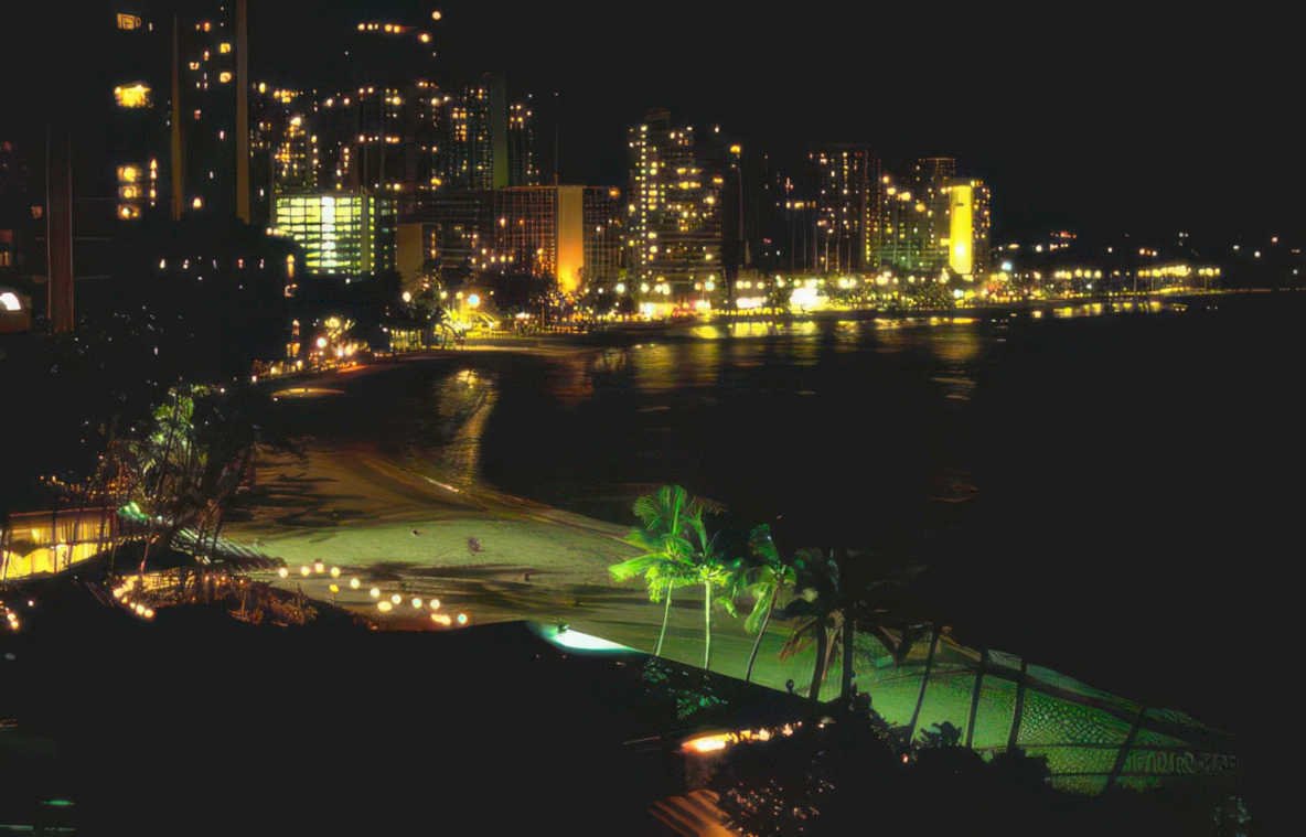 night cityscape waikiki 1 Vintage A4 Photo Print