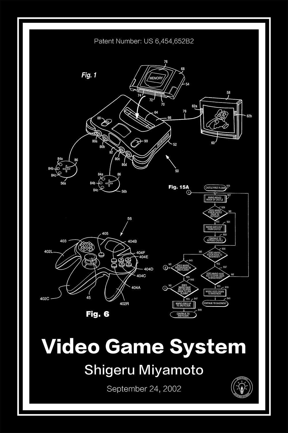 nintendo 64 patent print black A4 Photo Print