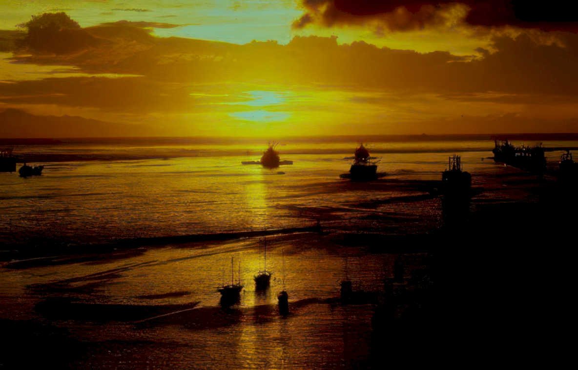 oil rigs sunset Vintage A4 Photo Print