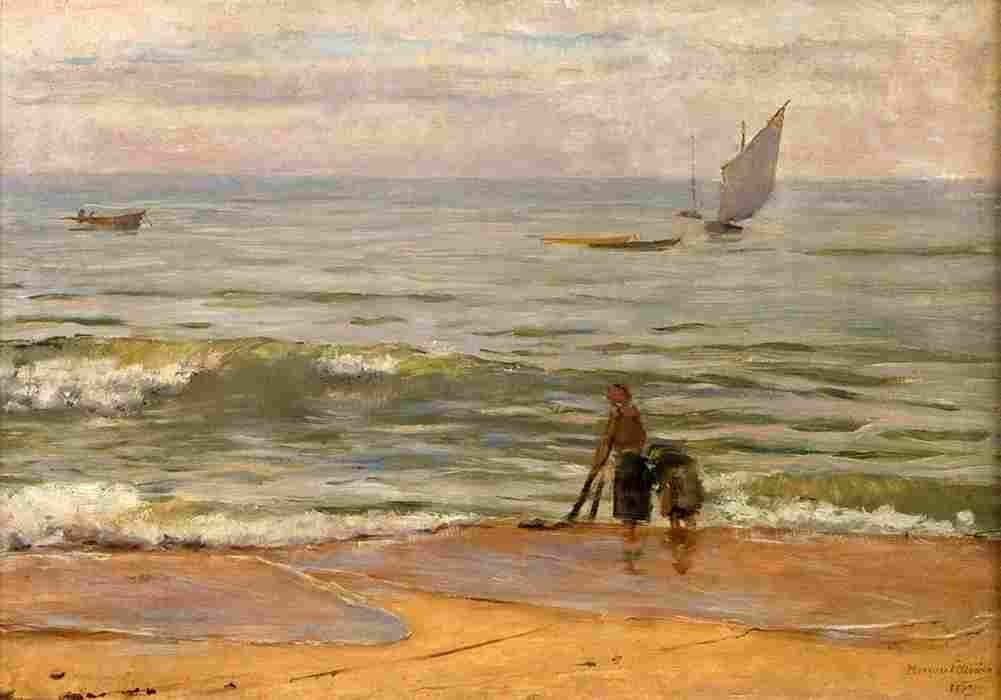 oliveira beach with figures Art A4 Photo Print