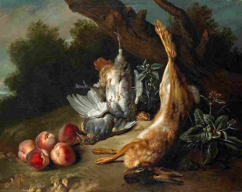 oud Still Life with Dead Game and Peaches in a Landscape Art A4 Photo Print