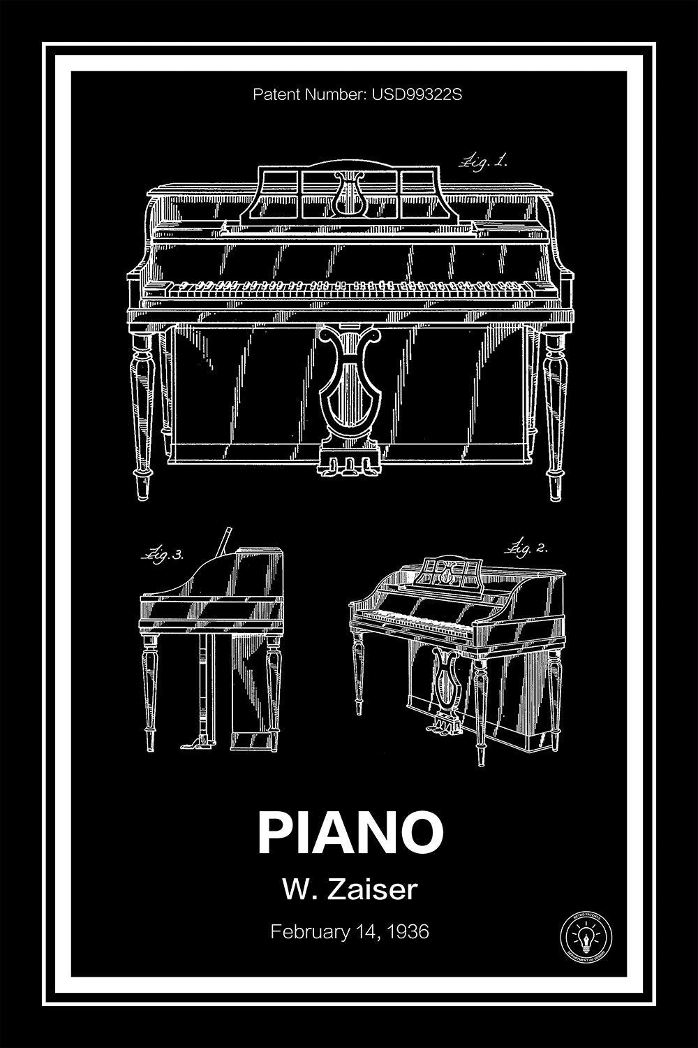 piano patent print black A4 Photo Print
