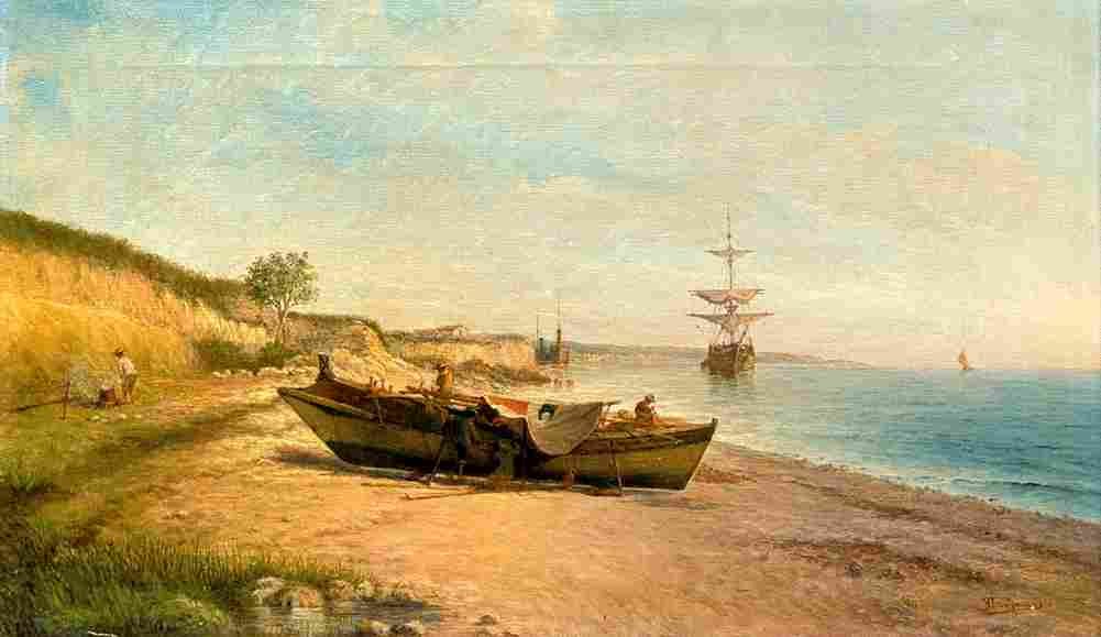 poulakas beach with boat Art A4 Photo Print