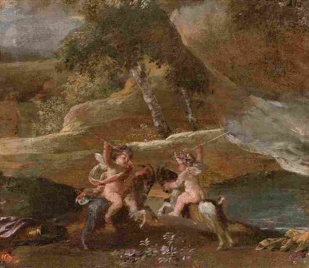 poussin two puttii fighting mounted on goats Art A4 Photo Print