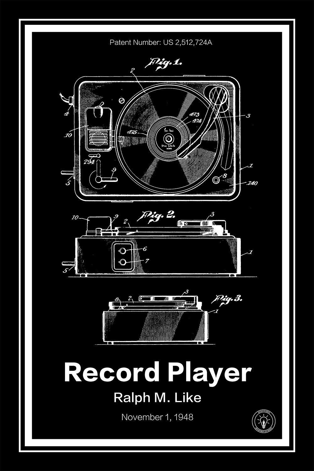 record player patent print black A4 Photo Print