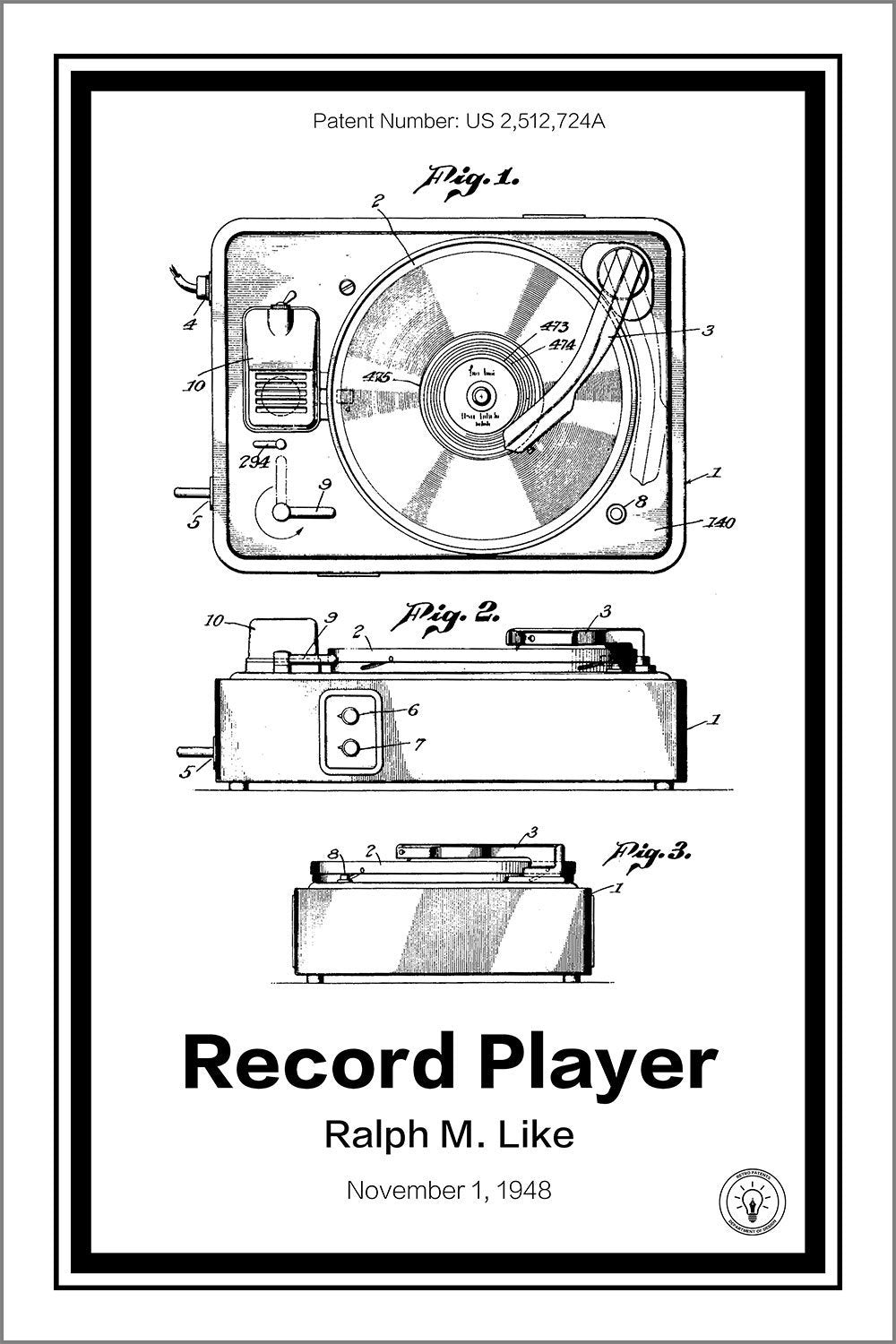 record player patent print white A4 Photo Print