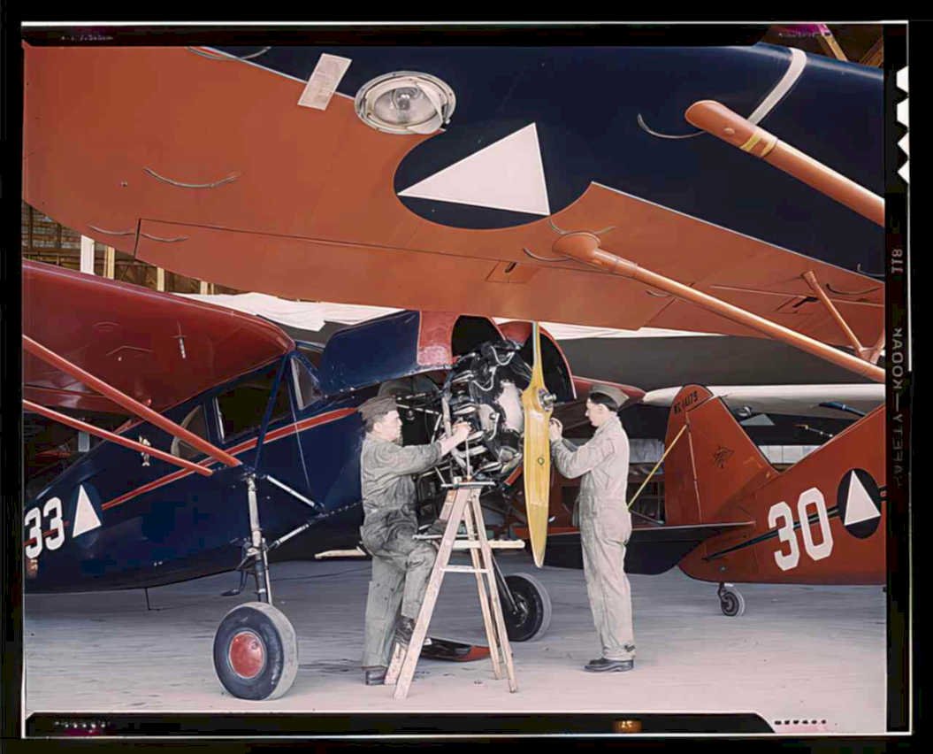 red biplane mechanics Vintage world war A4 Photo Print