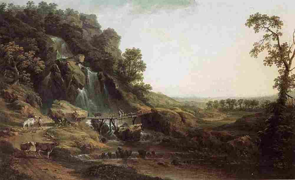 roberts Landscape with Waterfall and Rustic Bridge Art A4 Photo Print