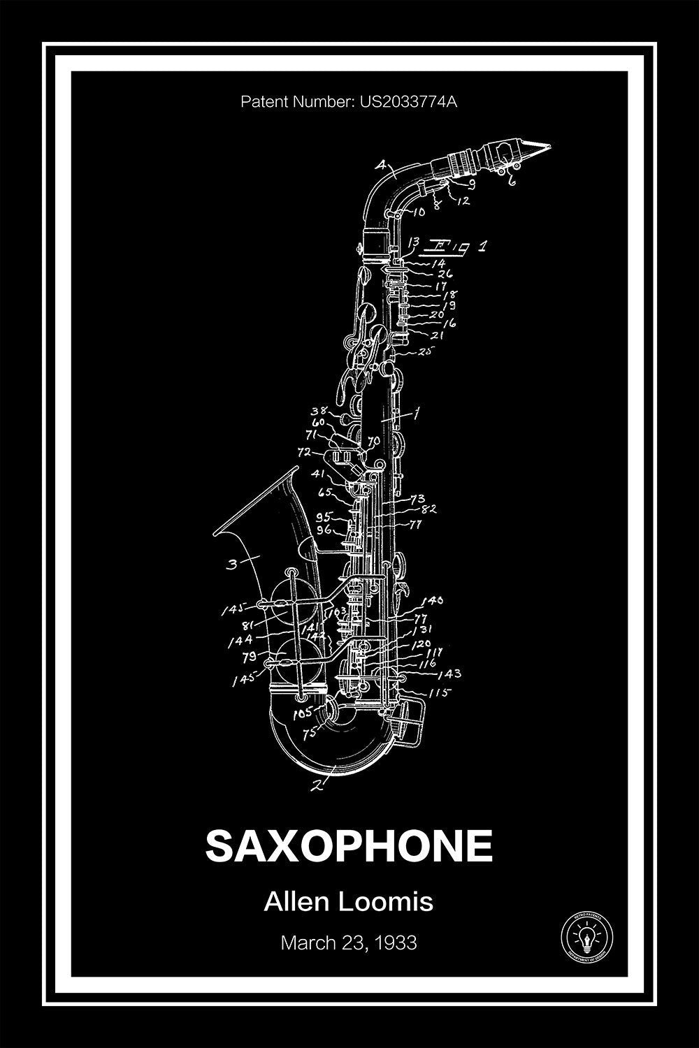 saxophone patent print black A4 Photo Print