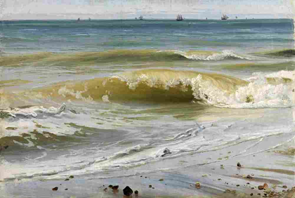 schirmer breaking waves with distant ships Art A4 Photo Print