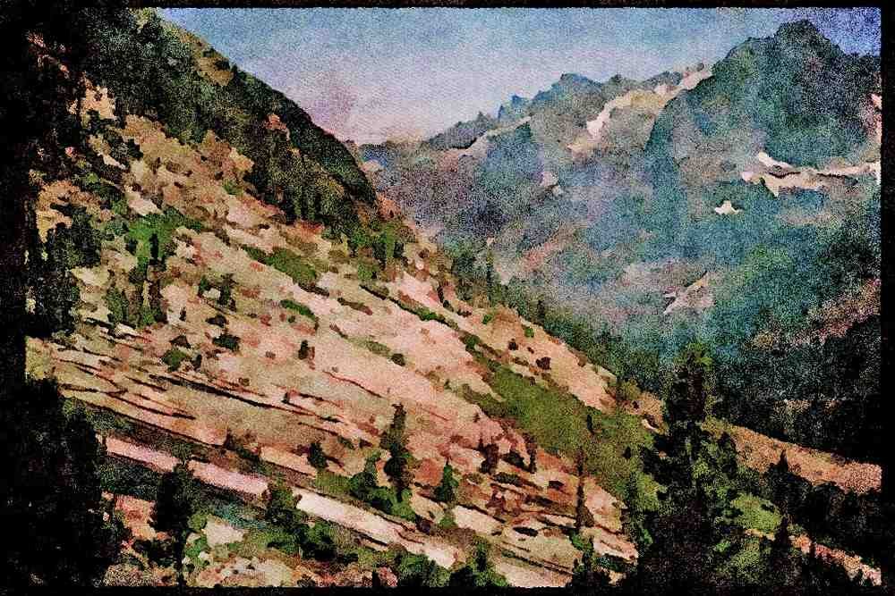 sierra Nevada Mountains 397046 Dusy Falls, Le Conte Canyon A4 Limited Edition Watercolour Print