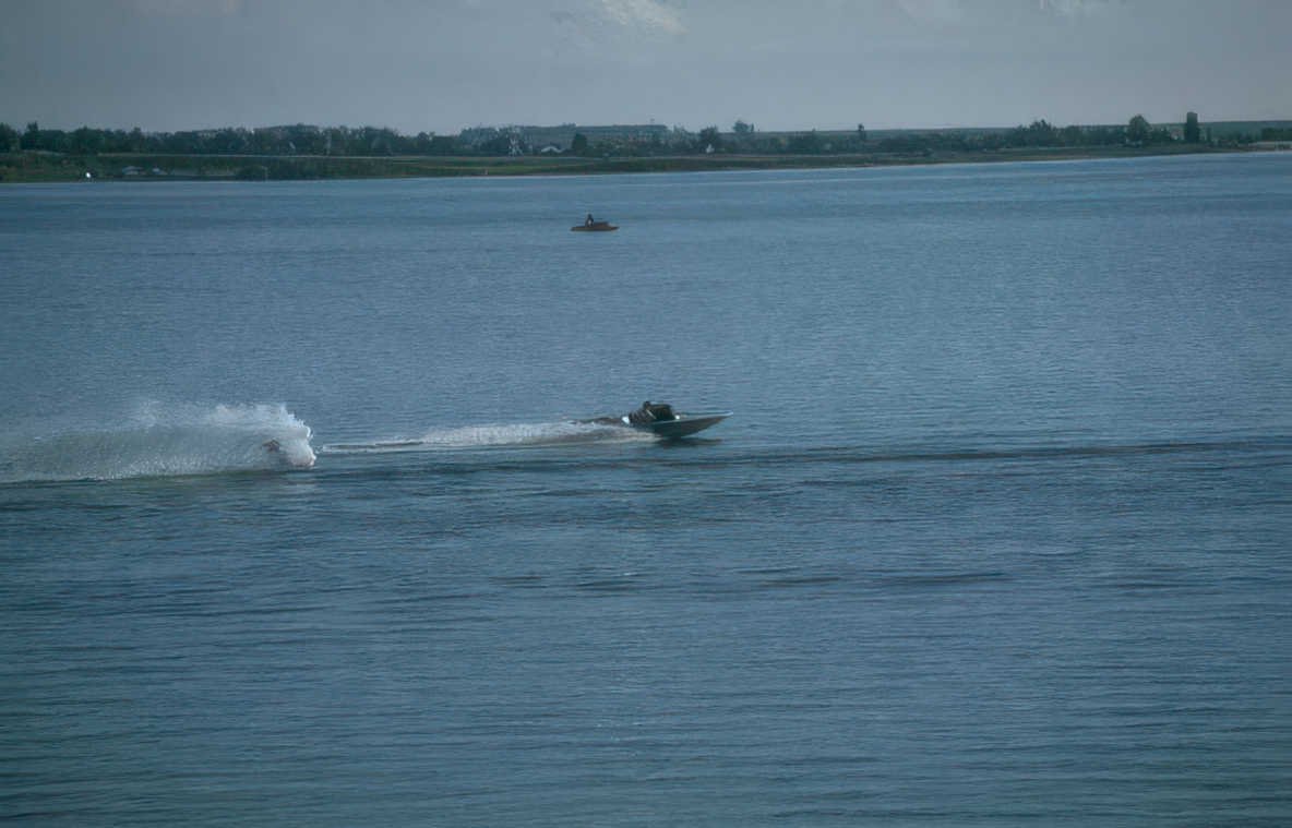 speedboat blue lake Vintage A4 Photo Print