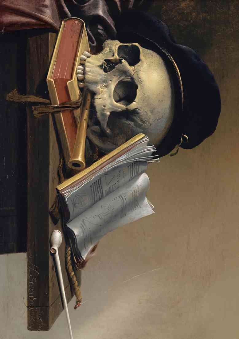 still life with skull books flute and pipe harmen steenwyck crop A4 Photo Print