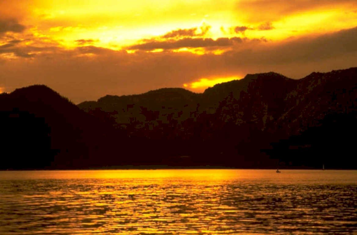 sunset lake mountains 1980s 1990s A4 Photo Print