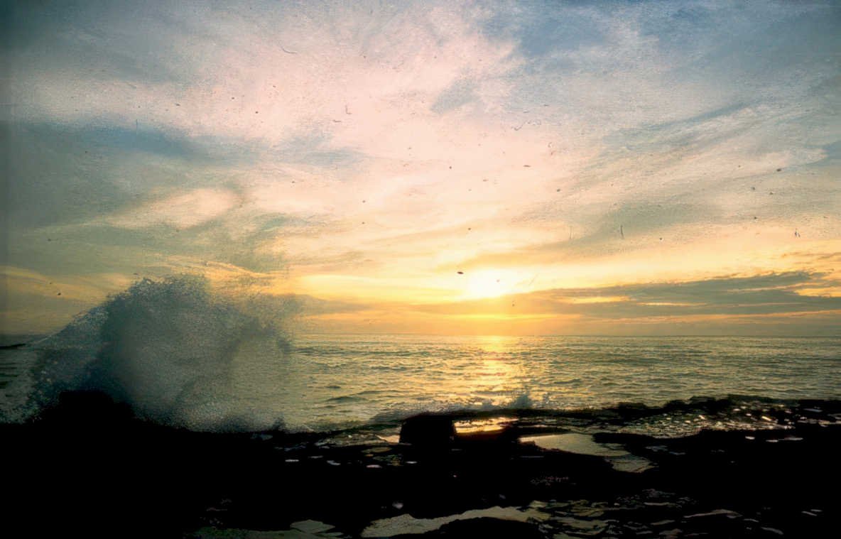 sunset wave rocks Vintage A4 Photo Print