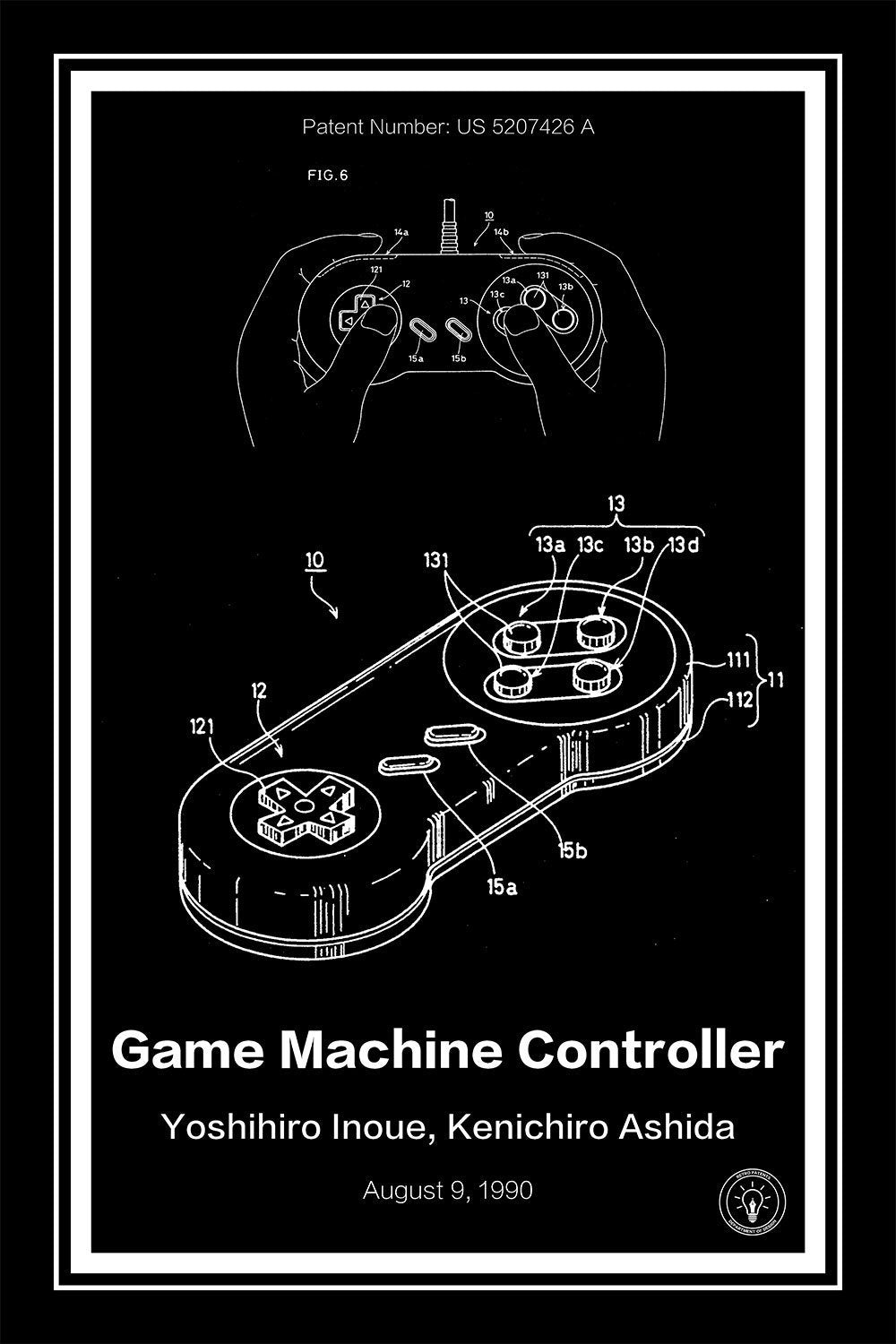 super nintendo controller patent print black A4 Photo Print