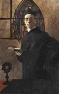 tuo priest by stained glass window Art A4 Photo Print
