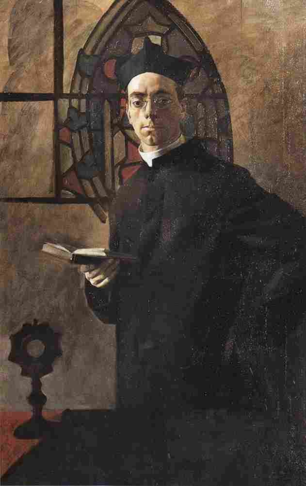 tuo priest by stained glass window Art A4 Photo Print