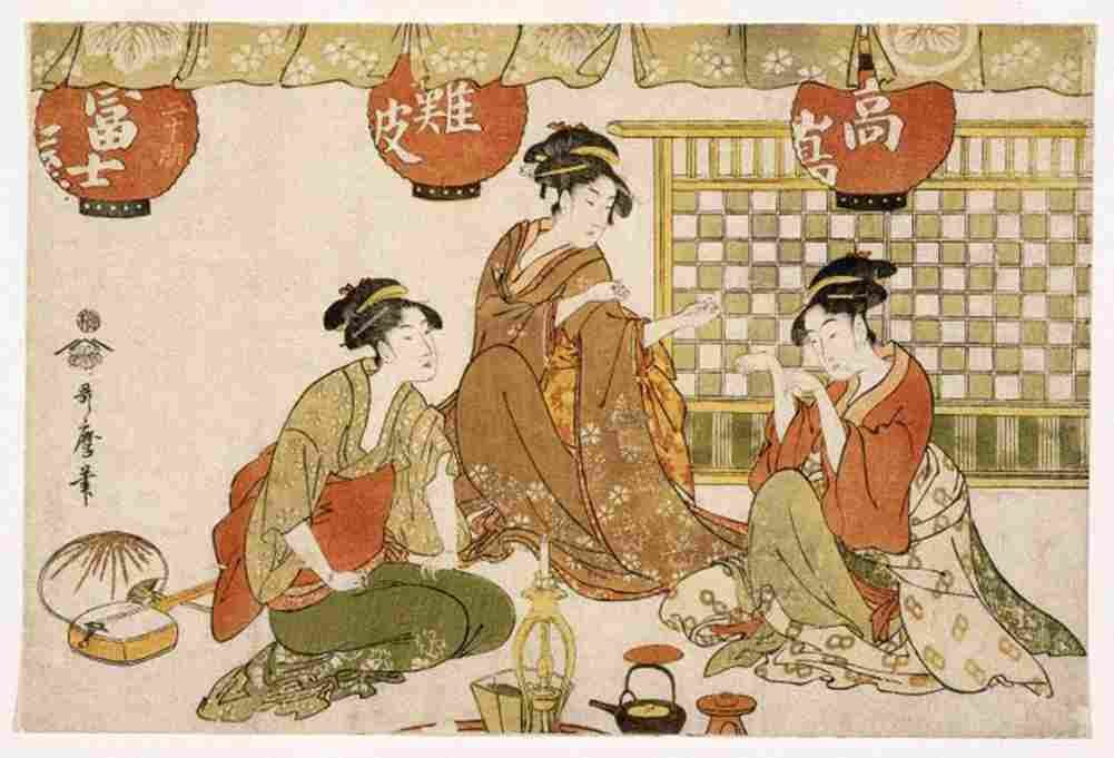 utamaro Three Seated Ladies with Lanterns Tea Pot Candle Holder and Stringed Instrument Art A4 Photo Print